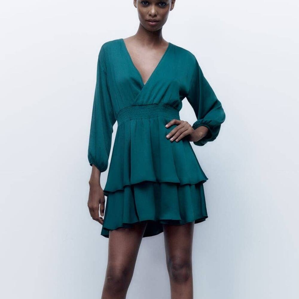 Zara TIERED V-NECK SATIN EFFECT DRESS in Duck Blue